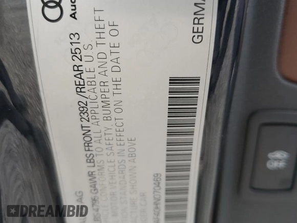2017 Audi A4 Premium Plus with VIN WAUENAF40HN070469, listed as a Copart auction lot 61042625 with 63,087 mi miles and Salvage title. Bid and sale history available at DreamBid. Image 12.