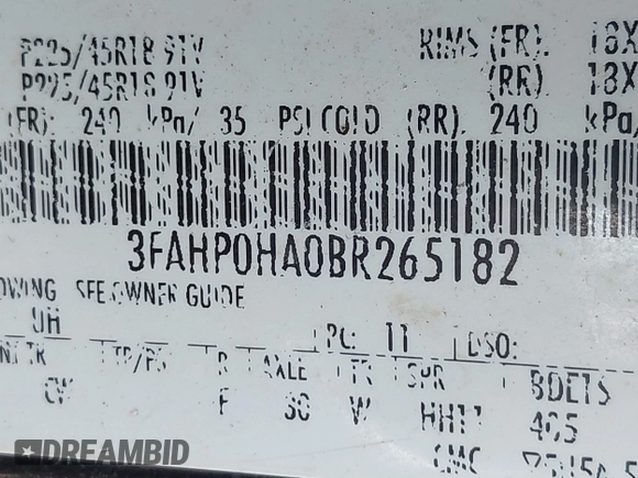 2011 Ford Fusion SE with VIN 3FAHP0HA0BR265182, listed as a IAAI auction lot 42201257 with 144,718 mi miles and . Bid and sale history available at carsss.com. Image 9.