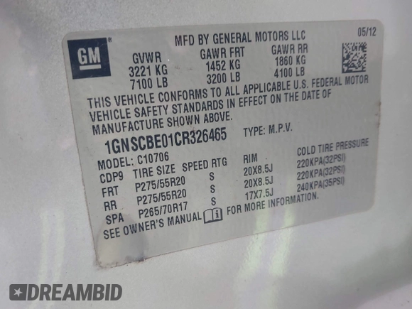 2012 Chevrolet Tahoe LT с VIN 1GNSCBE01CR326465, выставлен на аукционе IAAI как лот 42604791 с пробегом 220 129 миль миль и . История ставок и продаж доступна на DreamBid. Изображение 9.