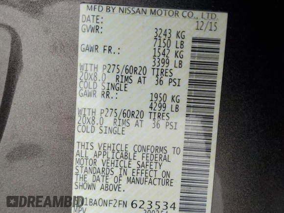 2015 Nissan Armada Platinum z VIN 5N1BA0NF2FN623534, wystawiony jako Copart lot #43910765 z przebiegiem 110 270 mil mil oraz Szkoda całkowita • Salvage title. Historia ofert i sprzedaży dostępna na DreamBid. Obrazek 14.