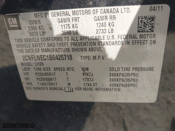 2011 Chevrolet Equinox LT w/2LT with VIN 2CNFLNEC1B6425718, listed as a IAAI auction lot 41727326 with 98,553 mi miles. Bid and sale history available at carsss.com. Image 9.