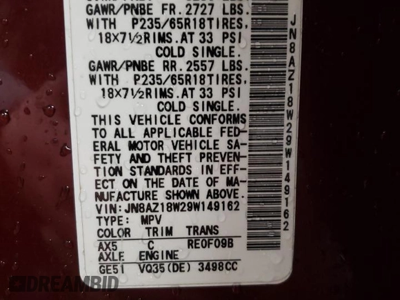 2009 Nissan Murano S with VIN JN8AZ18W29W149162, listed as a Copart auction lot 44407305 with 127,578 mi miles and Salvage Title. Bid and sale history available at carsss.com. Image 13.