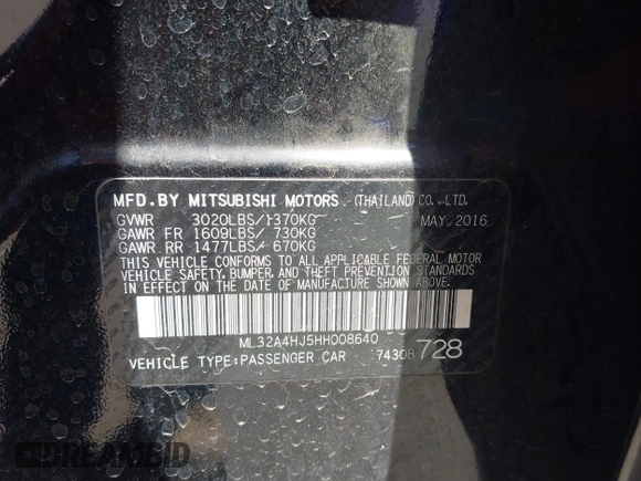 2017 Mitsubishi Mirage SE z VIN ML32A4HJ5HH008640, wystawiony jako IAAI lot #42281992 z przebiegiem 58 254 mil mil oraz . Historia ofert i sprzedaży dostępna na DreamBid. Obrazek 9.
