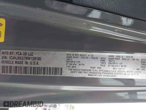 2022 Jeep Wrangler Unlimited Sahara with VIN 1C4HJXEG7NW138105, listed as a IAAI auction lot 42146898 with Not provided miles and . Bid and sale history available at DreamBid. Image 9.