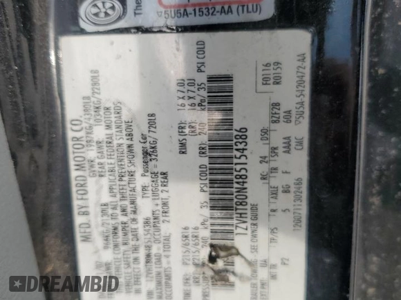 2008 Ford Mustang Deluxe with VIN 1ZVHT80N485154386, listed as a Copart auction lot 53885025 with 164,818 mi miles and Salvage Title. Bid and sale history available at DreamBid. Image 12.