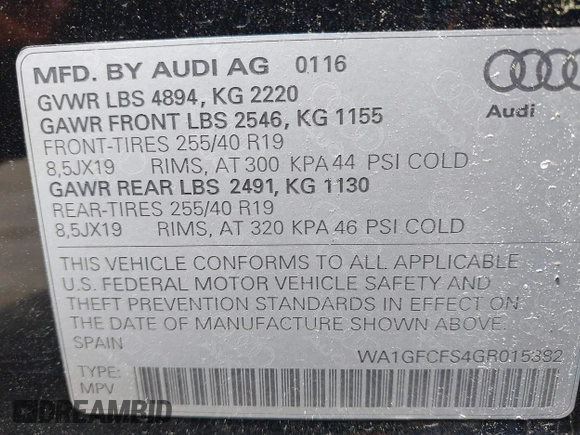 2016 Audi Q3 Prestige with VIN WA1GFCFS4GR015382, listed as a IAAI auction lot 42331564 with 76,836 mi miles and . Bid and sale history available at DreamBid. Image 9.