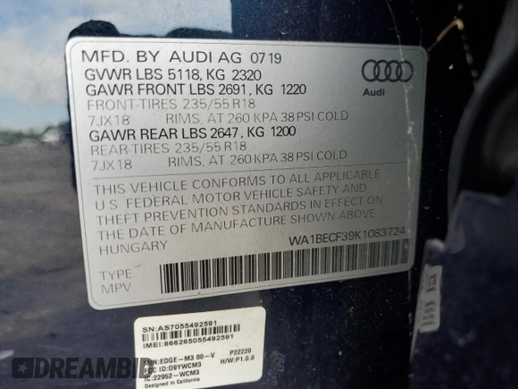 2019 Audi Q3 Premium Plus with VIN WA1BECF39K1083724, listed as a Copart auction lot 60753414 with 35,095 mi miles and Salvage Title. Bid and sale history available at carsss.com. Image 14.