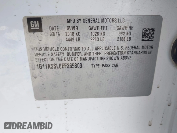 2014 Chevrolet Malibu LS with VIN 1G11A5SL0EF265309, listed as a IAAI auction lot 41998283 with 128,999 mi miles and . Bid and sale history available at DreamBid. Image 9.