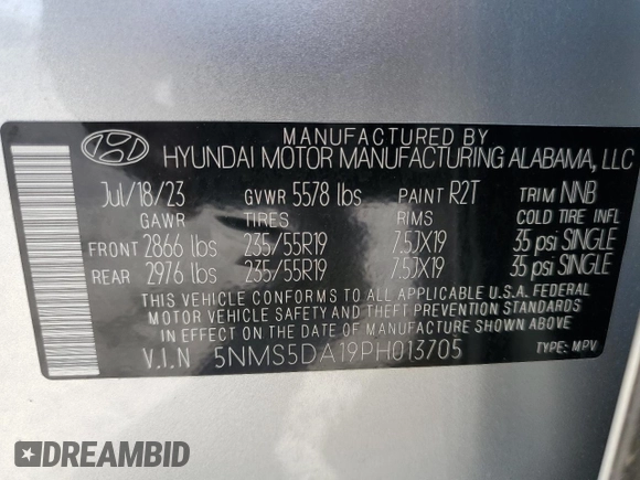 2023 Hyundai Santa Fe Hybrid Limited with VIN 5NMS5DA19PH013705, listed as a Copart auction lot 56336944 with 7,026 mi miles and Salvage Title. Bid and sale history available at carsss.com. Image 13.