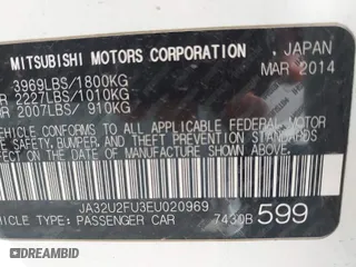 2014 Mitsubishi Lancer ES with VIN JA32U2FU3EU020969, listed as a IAAI auction lot 40337757 with 1 mi miles. Bid and sale history available at carsss.com. Image 9.