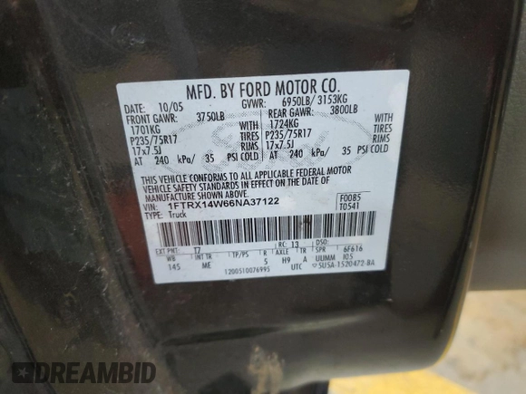 2006 Ford F-150 STX with VIN 1FTRX14W66NA37122, listed as a Copart auction lot 82414464 with 235,736 mi miles and Salvage title. Bid and sale history available at DreamBid. Image 14.