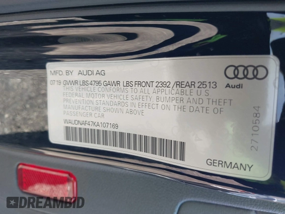 2019 Audi A4 Premium z VIN WAUDNAF47KA107169, wystawiony jako IAAI lot #41891215 z przebiegiem 49 247 mil mil oraz . Historia ofert i sprzedaży dostępna na DreamBid. Obrazek 9.