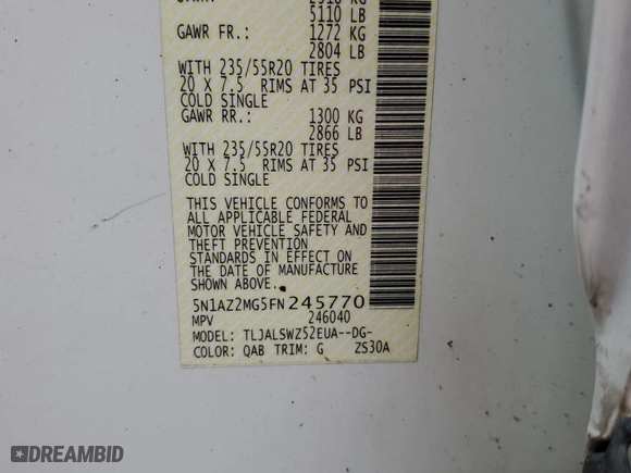 2015 Nissan Murano Platinum with VIN 5N1AZ2MG5FN245770, listed as a Copart auction lot 51258075 with 150,302 mi miles and Salvage Title. Bid and sale history available at carsss.com. Image 14.