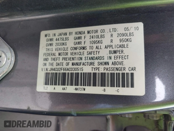 2010 Acura TSX with VIN JH4CU2F66AC030515, listed as a IAAI auction lot 42286692 with 208,099 mi miles and . Bid and sale history available at DreamBid. Image 9.