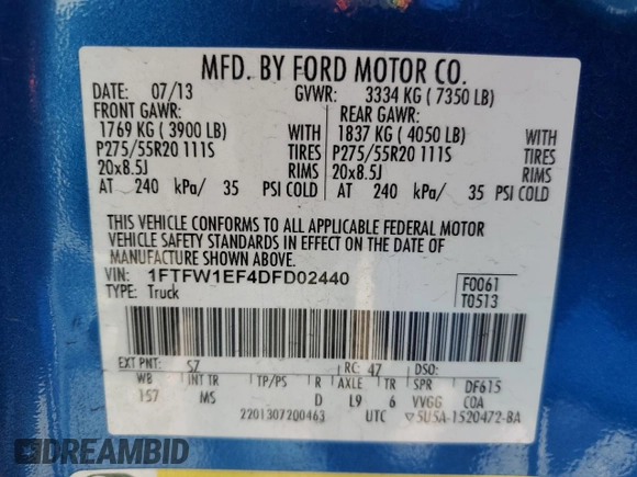 2013 Ford F-150 XL с VIN 1FTFW1EF4DFD02440, выставлен на аукционе Copart как лот 56671895 с пробегом 62 355 миль миль и Списание • Salvage title. История ставок и продаж доступна на DreamBid. Изображение 13.