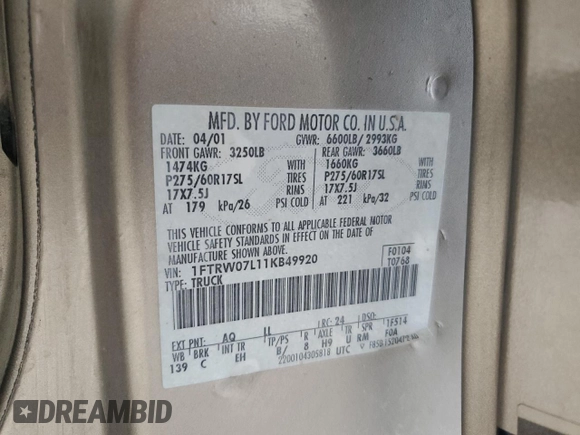2001 Ford F-150 XLT with VIN 1FTRW07L11KB49920, listed as a Copart auction lot 62122775 with 227,175 mi miles and Salvage title. Bid and sale history available at DreamBid. Image 12.