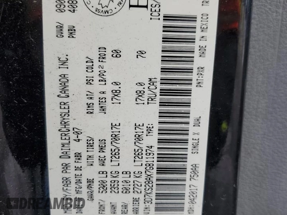 2007 Dodge Ram 2500 SLT with VIN 3D7KS28AX7G811974, listed as a Copart auction lot 45987265 with 155,595 mi miles and Salvage Title. Bid and sale history available at carsss.com. Image 14.
