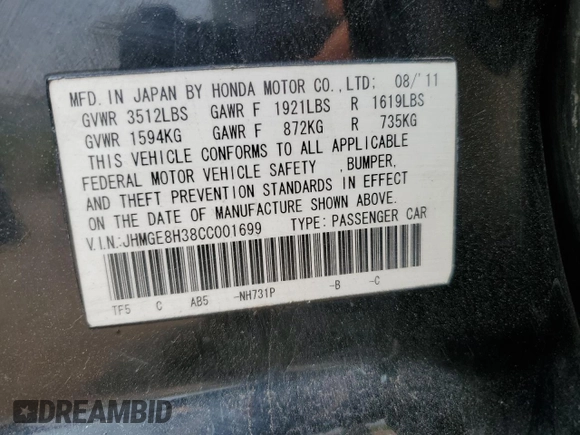 2012 Honda Fit с VIN JHMGE8H38CC001699, выставлен на аукционе Copart как лот 59593685 с пробегом 206 481 миль миль и Чистый • Clean title. История ставок и продаж доступна на DreamBid. Изображение 12.