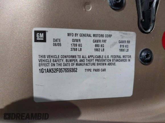 2005 Chevrolet Cobalt with VIN 1G1AK52F057659362, listed as a IAAI auction lot 42218836 with 158,108 mi miles and . Bid and sale history available at DreamBid. Image 9.