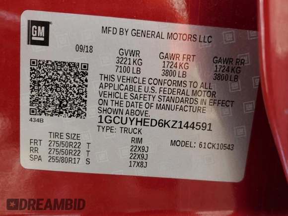 2019 Chevrolet Silverado 1500 High Country with VIN 1GCUYHED6KZ144591, listed as a Copart auction lot 44227195 with 133,494 mi miles and Salvage Title. Bid and sale history available at carsss.com. Image 14.