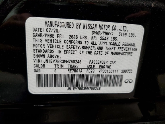 2021 Infiniti Q50 Luxe with VIN JN1EV7BR3MM750246, listed as a Copart auction lot 74994524 with 75,033 mi miles and Salvage Title. Bid and sale history available at carsss.com. Image 12.