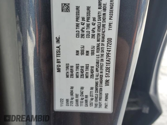 2023 Tesla Model 3 with VIN 5YJ3E1EA7PF417200, listed as a Copart auction lot 46475995 with 85,873 mi miles and Salvage Title. Bid and sale history available at DreamBid. Image 12.