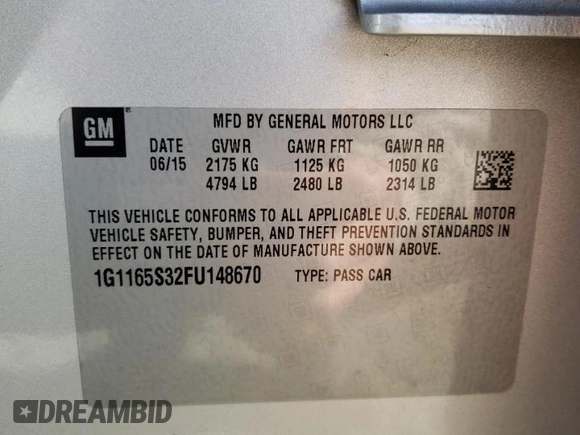 2015 Chevrolet Impala LTZ with VIN 1G1165S32FU148670, listed as a Copart auction lot 46720085 with 114,759 mi miles and Salvage Title. Bid and sale history available at DreamBid. Image 15.