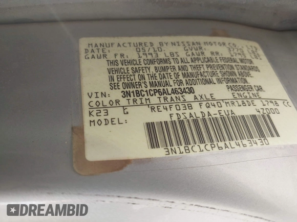 2010 Nissan Versa S with VIN 3N1BC1CP6AL463430, listed as a IAAI auction lot 42582537 with 212,073 mi miles and . Bid and sale history available at DreamBid. Image 9.