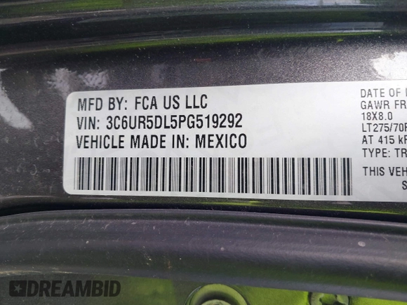 2023 Ram 2500 Big Horn with VIN 3C6UR5DL5PG519292, listed as a IAAI auction lot 41595128 with 15,500 mi miles and . Bid and sale history available at DreamBid. Image 9.