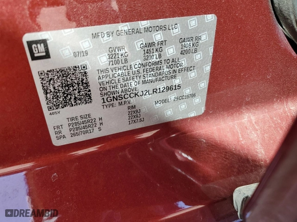 2020 Chevrolet Tahoe Premier with VIN 1GNSCCKJ2LR129615, listed as a Copart auction lot 74122284 with 0 mi miles and Salvage Title. Bid and sale history available at carsss.com. Image 14.