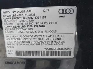 2018 Audi Q3 Premium Plus z VIN WA1HCCFS3JR022277, wystawiony jako IAAI lot #42468345 z przebiegiem 78 225 mil mil oraz . Historia ofert i sprzedaży dostępna na DreamBid. Obrazek 9.