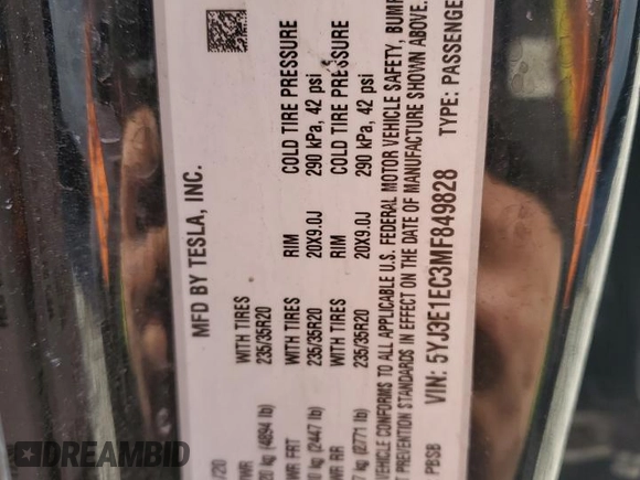 2021 Tesla Model 3 Performance with VIN 5YJ3E1EC3MF849828, listed as a Copart auction lot 50003035 with 80,779 mi miles and Clean Title. Bid and sale history available at DreamBid. Image 12.