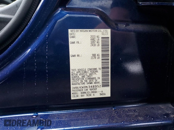 2023 Nissan Altima 2.5 SR with VIN 1N4BL4CW3PN348952, listed as a Copart auction lot 49884815 with 0 mi miles and Salvage Title. Bid and sale history available at carsss.com. Image 12.
