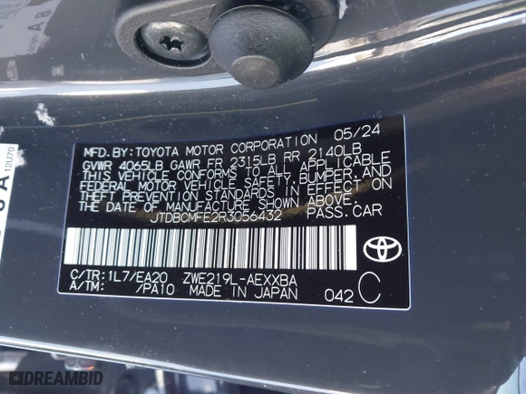 2024 Toyota Corolla Hybrid LE with VIN JTDBCMFE2R3056432, listed as a IAAI auction lot 41314705 with 4,424 mi miles. Bid and sale history available at carsss.com. Image 9.