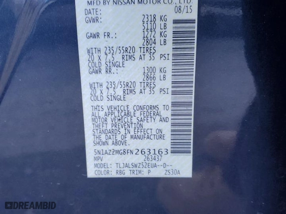 2015 Nissan Murano S with VIN 5N1AZ2MG8FN263163, listed as a Copart auction lot 49464505 with 115,986 mi miles and Salvage Title. Bid and sale history available at carsss.com. Image 13.