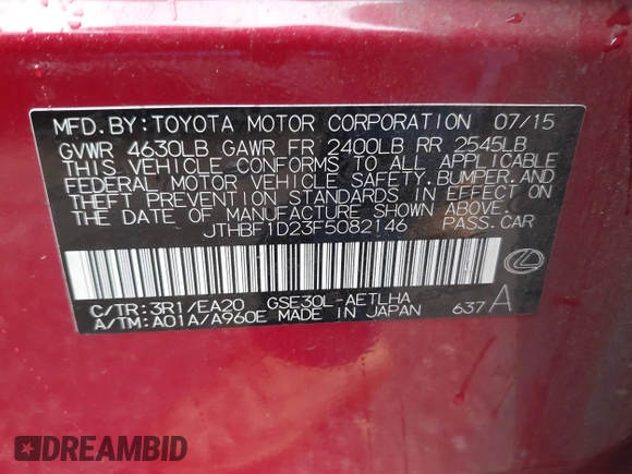 2015 Lexus IS 250 with VIN JTHBF1D23F5082146, listed as a IAAI auction lot 42550539 with 125,288 mi miles and . Bid and sale history available at DreamBid. Image 9.
