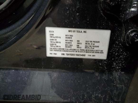 2024 Tesla Model Y Long Range with VIN 7SAYGDEE1RA254860, listed as a Copart auction lot 50750225 with 12,343 mi miles and Salvage Title. Bid and sale history available at DreamBid. Image 12.