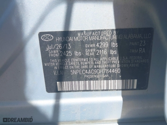 2013 Hyundai Sonata SE with VIN 5NPEC4AC9DH784460, listed as a IAAI auction lot 42099724 with 152,744 mi miles. Bid and sale history available at carsss.com. Image 9.