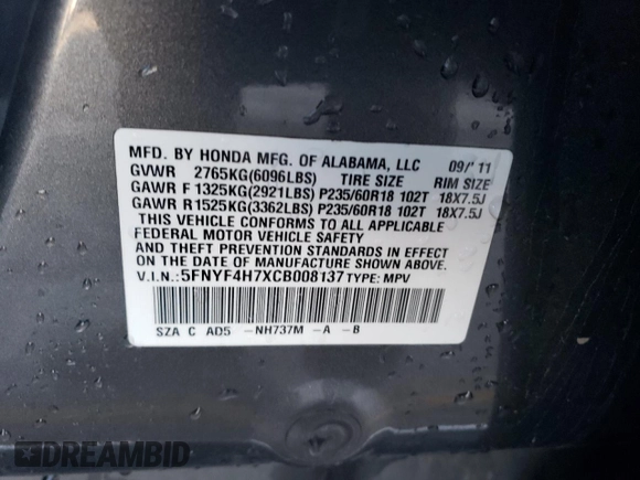 2012 Honda Pilot EX-L with VIN 5FNYF4H7XCB008137, listed as a Copart auction lot 41837155 with 202,659 mi miles and Salvage Title. Bid and sale history available at DreamBid. Image 13.