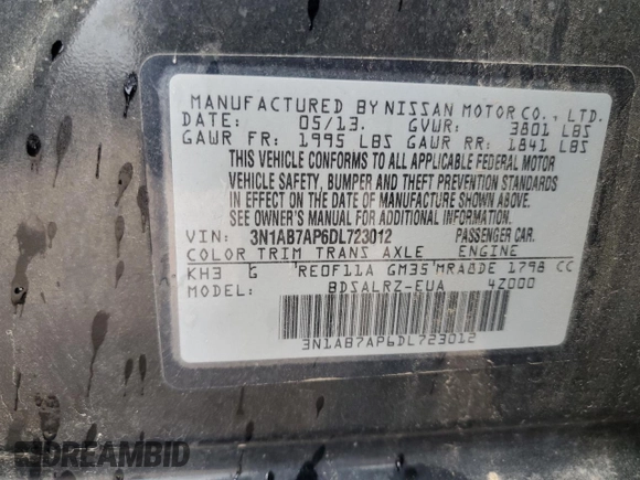 2013 Nissan Sentra SR z VIN 3N1AB7AP6DL723012, wystawiony jako Copart lot #56141065 z przebiegiem 154 932 mil mil oraz Czysty tytuł • Clean title. Historia ofert i sprzedaży dostępna na DreamBid. Obrazek 12.