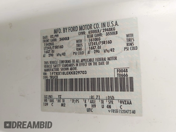 1999 Ford F-150 XL с VIN 1FTRX18L0XKB29703, выставлен на аукционе IAAI как лот 41644163 с пробегом Не указан миль и . История ставок и продаж доступна на DreamBid. Изображение 9.