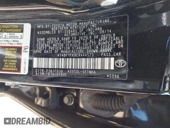 2014 Toyota Camry L with VIN 4T4BF1FK8ER444573, listed as a IAAI auction lot 41815381 with 162,662 mi miles. Bid and sale history available at carsss.com. Image 9.