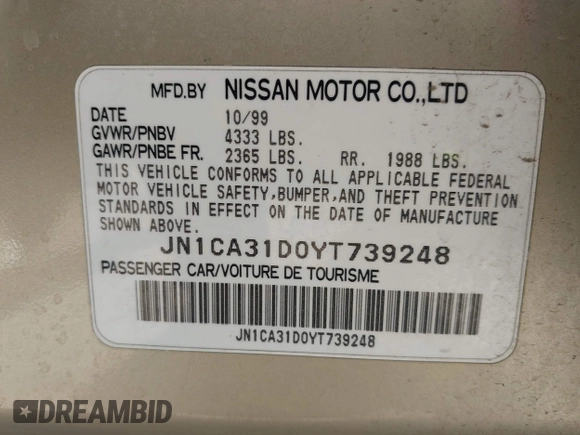2000 Nissan Maxima GXE z VIN JN1CA31D0YT739248, wystawiony jako IAAI lot #42089086 z przebiegiem 140 979 mil mil oraz . Historia ofert i sprzedaży dostępna na DreamBid. Obrazek 9.