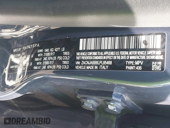 2020 Jeep Renegade Latitude with VIN ZACNJABB6LPL85468, listed as a IAAI auction lot 42515585 with 129,240 mi miles and . Bid and sale history available at DreamBid. Image 9.