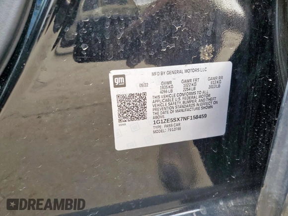 2022 Chevrolet Malibu Premier with VIN 1G1ZE5SX7NF158459, listed as a Copart auction lot 50392485 with 47,301 mi miles and Salvage Title. Bid and sale history available at DreamBid. Image 12.