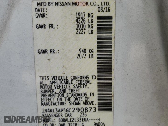2016 Nissan Altima SL with VIN 1N4AL3AP5GC290873, listed as a Copart auction lot 50011555 with 70,949 mi miles and Salvage Title. Bid and sale history available at carsss.com. Image 12.