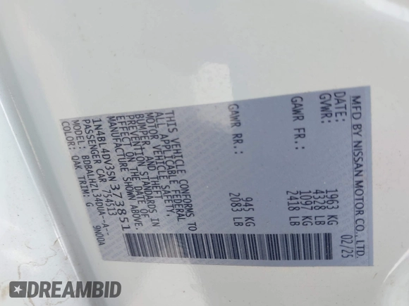 2025 Nissan Altima SV with VIN 1N4BL4DV3SN373851, listed as a IAAI auction lot 42123464 with 4,401 mi miles and . Bid and sale history available at DreamBid. Image 9.