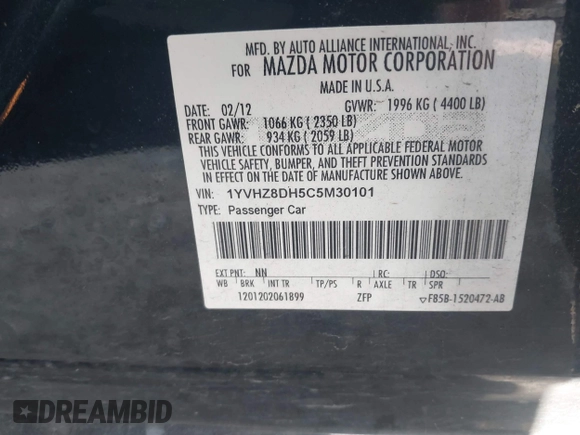 2012 Mazda 6 i Touring with VIN 1YVHZ8DH5C5M30101, listed as a IAAI auction lot 42176249 with 344,813 mi miles and . Bid and sale history available at DreamBid. Image 9.