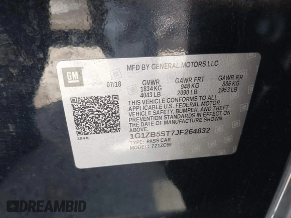 2018 Chevrolet Malibu LS with VIN 1G1ZB5ST7JF264832, listed as a IAAI auction lot 41943696 with 131,918 mi miles and . Bid and sale history available at DreamBid. Image 9.
