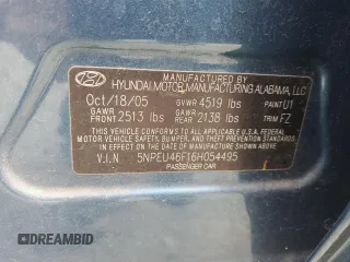 2006 Hyundai Sonata GLS with VIN 5NPEU46F16H054495, listed as a Copart auction lot 56177335 with 116,927 mi miles and Salvage Title. Bid and sale history available at DreamBid. Image 12.